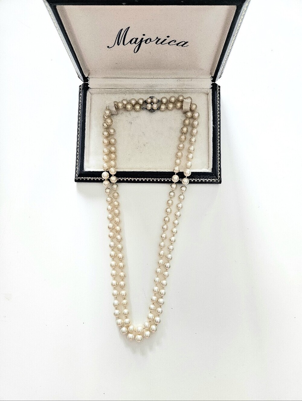 Vintage Majorica Double Pearl Necklace With 925 Silver Ornate Clasp- With Box
